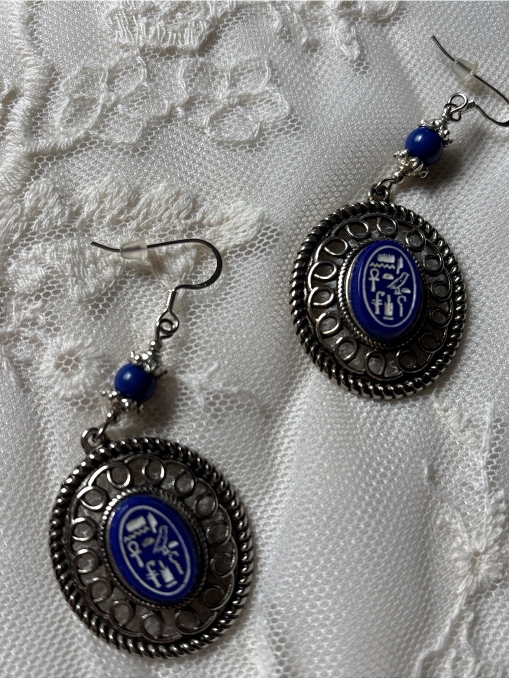 Silver-Tone Filigree Drop Earrings with Blue Egyptian Design Enamel Accent